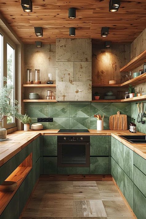 Green And Wood Kitchen, Modern Green Kitchen, Wood Kitchen Design, Innovative Kitchen Ideas, Olive Kitchen, Dream Kitchen Design, Earthy Kitchen, Complete Kitchen Remodel, Kitchen Design Tips