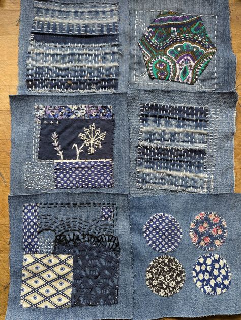 Upcycled and handmade stitched denim patches. The listing is for one patch.  Each one is totally unique. Created using layers and fragments of cotton and denim. Then over stitched with embroidery thread to visibly mend or enhance the designs. Stitching is in the Japanese style of Sashiko, the art of patching using decorative remnants to mend and repair. I teach this style of stitching in some groups. Suitable for adding to denim clothes as a patch but requires stitching onto your garment, by han Sashiko Boro Patches, Japanese Stitching Sashiko, Boro Stitching Tutorials, Kawandi Quilting, Embroidery Knots, Visible Mending Stitches, Sashiko Mending, Stitch Journal, Sashiko Boro