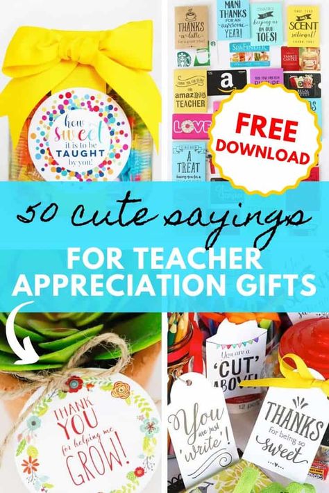 Wrap up fun teacher gifts with these cute sayings for teachers! Just pick the perfect teacher appreciation quote from this long list, pair it with a small gift, and you’ll have the teacher appreciating your thoughtfulness. #teacherappreciation #teachergifts #teacherappreciationweek Teachers Appreciation Gifts, Teacher Appreciation Notes, Small Teacher Gifts, Teacher Appreciation Quotes, Appreciation Gifts Diy, Cute Sayings, Teacher Appreciation Gifts Diy, Teachers Appreciation, Teacher Appreciation Printables