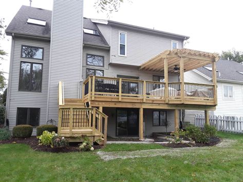 2nd Story Covered Deck Ideas, Deck Overlooking Pool, Second Story Deck Design, Deck With Pergola Attached To House, Second Floor Deck Ideas, 2nd Story Deck, Deck Extension, Deck And Pergola, Decks Ideas