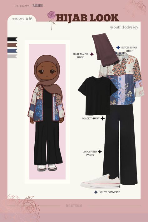 Dark rose hijab look! Works for summer. I started with the mauve shawl and then I found the cool button up and just went with it. I love how the cartoon turned out 🌹 Hijab Look, Cute Desktop Wallpaper, Cool Buttons, Dark Rose, Summer 16, The Cartoon, White Converse, Wardrobe Ideas, The Cool