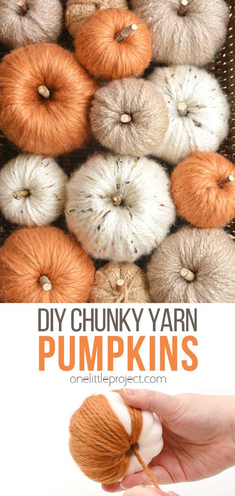 Transform styrofoam pumpkins from the dollar store into these beautiful chunky yarn pumpkins! These DIY yarn pumpkins are SO CUTE and easy - no knitting or sewing skills required! Wrap chunky yarn around a foam pumpkin to create these chic Halloween and Thanksgiving decorations. Such a great fall craft idea! Chunky Yarn Pumpkins, Diy Chunky Yarn, Styrofoam Pumpkins, Yarn Pumpkins, Halloween Yarn, Fall Displays, Flowers Paper Craft, Diy Pumpkins Crafts, Thanksgiving Decorating