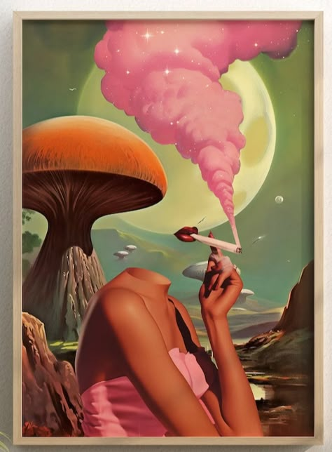 https://www.etsy.com/listing/1443645024/egoless-retro-surreal-art-mushroom-art?ga_order=most_relevant&ga_search_type=all&ga_view_type=gallery&ga_search_query=weed+poster&ref=sr_gallery-1-9&pro=1&sts=1&organic_search_click=1 Lindsey Core, Trippy Mushroom Art, Afro Surrealism, Apartment Artwork, Mood Boards Inspiration, Uni House, Cosmic Cowgirl, Pink Alien, Living Room Posters