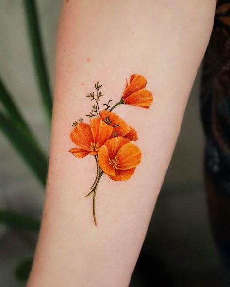 California Poppy Tattoo, Honeysuckle Tattoo, Gladiolus Tattoo, Marigold Tattoo, Poppy Flower Tattoo, Poppy Tattoo, August Birth Flower, Poppies Tattoo, Full Arm Tattoos