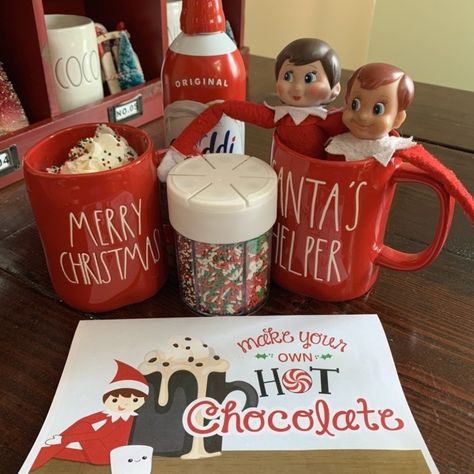 Elf Hot Chocolate Bar, Second Night Elf On The Shelf, Elf Hot Chocolate On The Shelf, Hot Cocoa Elf On The Shelf, Elf On The Shelf Hot Chocolate Ideas, Elf On The Shelf Hot Chocolate, Elf Hot Cocoa, Elf Hot Chocolate, Make Your Own Hot Chocolate