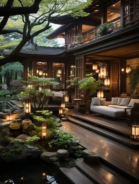 Asian Inspired House, Asian Style House, Japanese Patio, Japanese House Exterior, Japanese Mansion, Outside Of House, Dramatic Scene, Asian House, Zen House