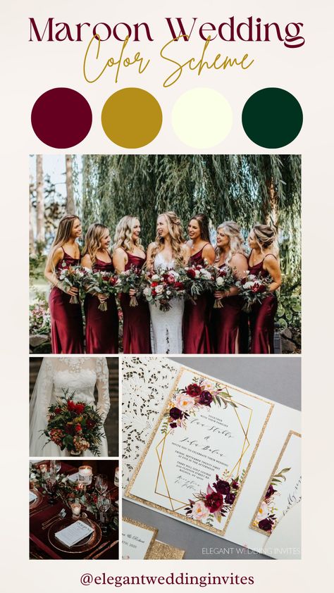 Classic Wedding Color Scheme Maroon Gold Ivory Dark Green Bridemaids Dress Bouquet Centerpieces Invitation Burgundy Hunter Green Wedding, Burgundy Cream And Green Wedding, Wedding Color Palette Green Gold, Maroon Wedding Palette, Emerald And Maroon Wedding, Gold And Maroon Wedding, Wedding Couple Dress, Maroon Wedding Theme, Maroon And Gold Wedding