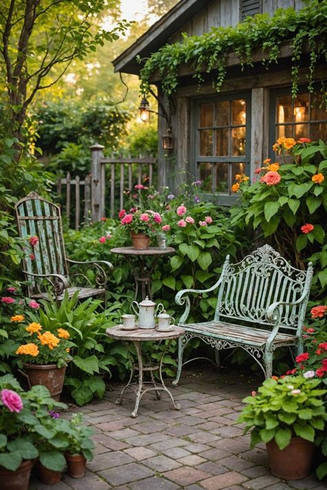 20 Creative Garden Decor Ideas - Toolz Geek Antique Potting Bench, Front Yard Bistro Area, Vintage Garden Furniture, Fun Landscaping Ideas, Magical Garden Ideas Backyards, Garden Chairs Ideas, Secret Garden Ideas Backyard, Garden With Bench, Front Yard Courtyard