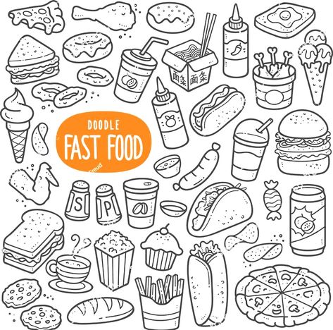 Pizza Icon, Food Doodle, Doodle Illustrations, Burger Chicken, Onion Ring, Donut Vector, Pizza Burger, Drawing Collection, Food Burger