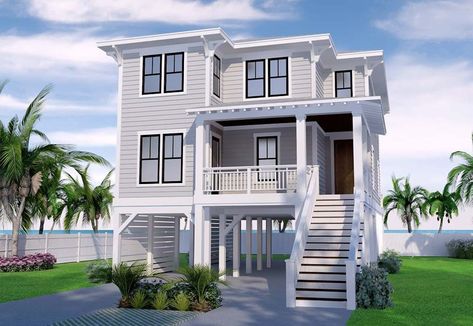 Narrow Beach House Plans Coastal Homes, Small Elevated Beach House Plans, River Front Homes, House Plans With Elevators, Elevated Coastal House Plans, Narrow Lot Beach House Plans, Elevated House Design, Stilt House Plans, Elevated House Plans