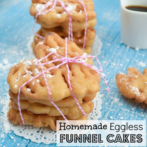 Ahhh, aren't funnel cakes true love? A hot, fresh funnel cake covered in sugar and cinnamon is such an amazing treat, in part because it's usually such a rare occurrence associated with fun fairs a... Eggless Funnel Cake Recipe, Gluten Free Funnel Cake, Mini Funnel Cakes, Homemade Funnel Cake, Funnel Cake Recipe, Funnel Cakes, Vegan Cake Recipes, Funnel Cake, Cake Cover