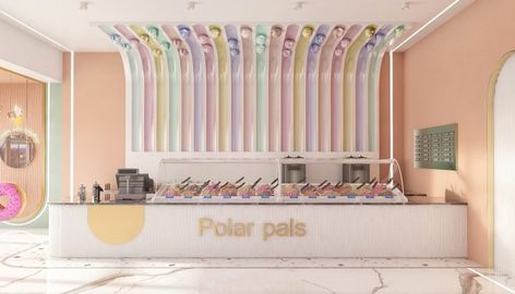 Ice Cream Shop Counter, Florist Workshop, Gelato Store, Store Counter Design, Candy Store Design, Pastel Interior Design, Crowded Place, Shop Counter Design, Light Pastel Colors