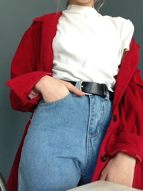 Red Shirt With Jeans Outfit, Red Shirt Casual Outfit, Red Shirt Jeans Outfit, White Black And Red Outfit, Oversized Red Shirt Outfit, Target Worker Outfit, How To Style A Red Shirt, Red Shirt Outfits Women Casual, Red Shirt And Jeans Outfit