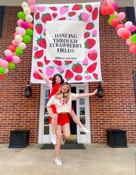 Strawberry Bid Day Theme, Zeta Tau Alpha Bid Day, Strawberry Sorority Theme, Bid Night Themes, Spring Bid Day Themes, Bid Day Activities, Rush Themes, Bid Day Themes Unique, Semi Formal Themes