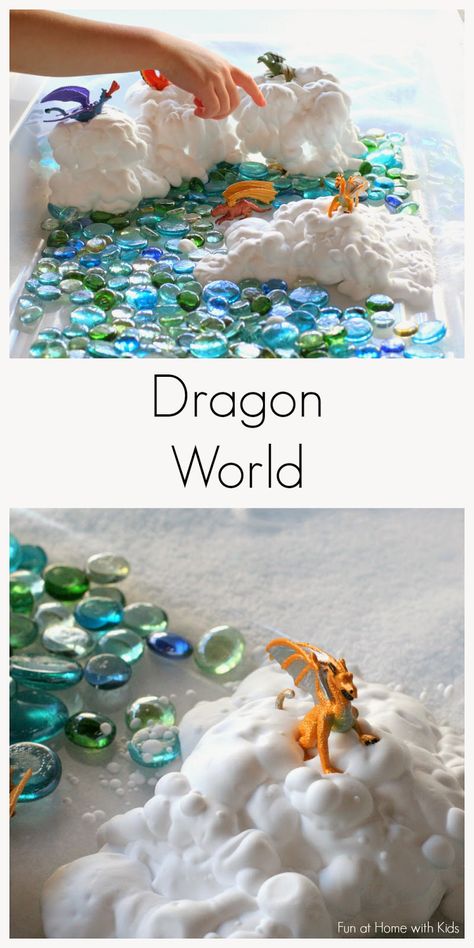 Simple Small Worlds:  Dragon World from Fun at Home with Kids Play Dough Recipes, Dragon World, Simple Dragon, Sensory Tubs, St Georges Day, Dough Recipes, Dragon Crafts, Invitation To Play, Small World Play