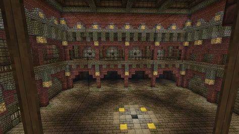 underground arena | Underground Baroque-style Mob Arena Minecraft Arena, Underground Room, Minecraft Cottagecore, Minecraft Underground, Town Design, Underground City, City Project, Minecraft Mobs, Oc Stuff