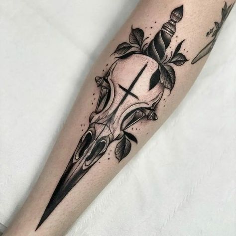 Skull Dagger Tattoo, Raven Skull Tattoo, Aura Tattoos, Bird Skull Tattoo, Skull Tattoo Ideas, Protection Sigils, Skin Studio, Shin Tattoo, Black Bird Tattoo