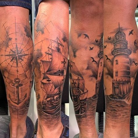 Redfish Tattoo For Men, Animal Shin Tattoo, Ship Leg Tattoo, Nautical Leg Sleeve Tattoo, Ship Tattoos For Men, Mens Calf Tattoos, Men’s Calf Tattoo, Calf Tattoos For Guys, Tattoo Pierna Hombre