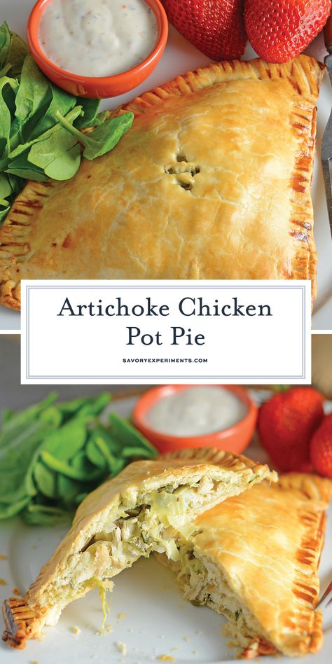 Artichoke Chicken Pot Pie is an easy hand pie recipe stuffed with shredded chicken, artichokes, spinach, red onion, cheese and zesty Italian dressing. #chickenpotpie #handpies www.savoryexperiments.com Rotisserie Chicken Pot Pie Puff Pastry, Chicken Pot Pie Crust Designs, Chicken Pot Pie With Puff Pastry Crust, Chicken Pot Pie Puff Pastry Crust, Homemade Chicken Pot Pie Puff Pastry, Easy Hand Pies, Chicken Hand Pies, Pot Pie Recipe Easy, Zesty Chicken