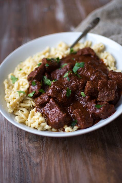 Beef Goulash with Einkorn Spaetzle: seasoned with paprika and caraway and plenty of caramelized onions. Speatzle Recipe, Matzoh Ball Soup, Spaetzle Recipe, Einkorn Recipes, Beef Goulash, Matzoh Ball, Grass Fed Meat, Goulash Recipes, At The Restaurant