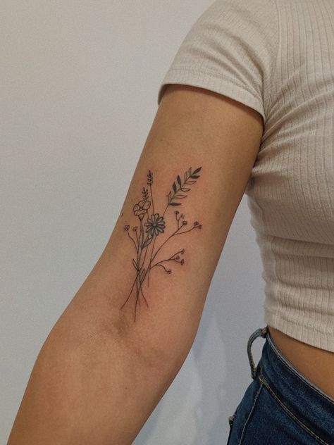 Front Of Upper Arm Tattoo, Flower Tattoo Forearm Women, Women’s Bicep Tattoo, Outer Arm Tattoos For Women, Forearm Tattoo Women Inner, Dainty Arm Tattoos, Minimal Flower Tattoo, Aesthetic Flower Tattoo, Minimalist Floral Tattoo