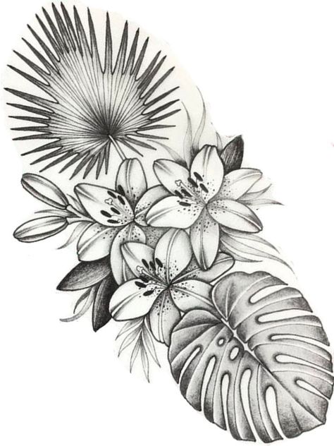 Thigh Tattoos Floral, Tropisches Tattoo, Tropical Flower Tattoos, Tato Maori, Hawaiian Flower Tattoos, Tattoos Floral, Jungle Tattoo, Tropical Tattoo, Floral Thigh Tattoos