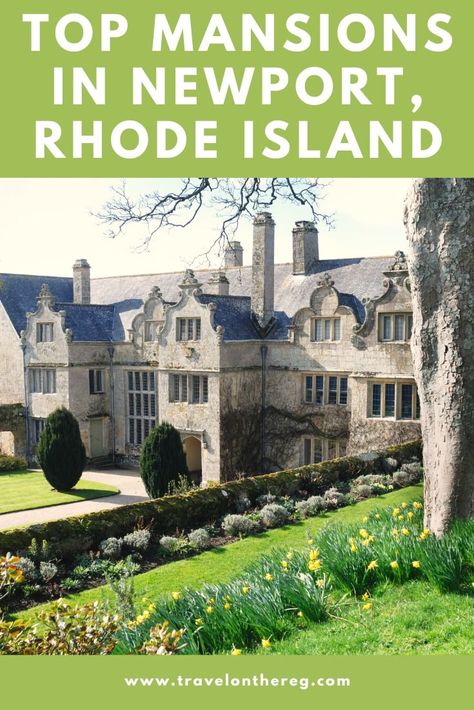 A large mansion against a green lawn with text: Top Mansions in Newport, Rhode Island Newport Ri Mansions, The Breakers Newport, Rhode Island Vacation, Rhode Island Mansions, Newport Mansions, Canada Cruise, Rhode Island Travel, Travel Facts, Providence Rhode Island