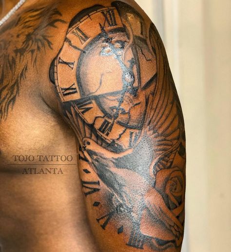 Shoulder Tats Men, Time Flies Tattoo, Half Sleeve Tattoos For Men Upper Arm, Black Men Shoulder Tattoo, Shoulder Arm Tattoo, Upper Shoulder Tattoo Men Ideas, Shoulder Piece Tattoo, Upper Arm Tattoos For Guys, Upper Shoulder Tattoo