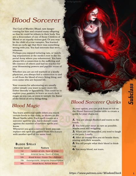 Download the Free printer-friendly PDF for the Blood Sorcerer (including all 10 new blood spells) here:
https://www.patreon.com/posts/sorcerer-blood-72551250 Blood Sorcerer, Blood Spells, Dnd Sorcerer Subclasses, Sorcerer Homebrew Subclasses, Sorcerer Origins 5e, Dnd Blood Magic, Dnd Sorcerer Feats, Blood Magic, Sorcerer Subclass Homebrew