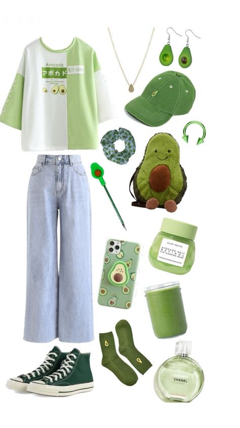 ￼ Avocado 🥑 outfit Outfits Based Off Of Characters, Green Kidcore Outfit, Crazy Outfits Weird, Themed Outfit Ideas, Avocado Outfit, Fruit Outfit, Venomous Snakes, Cottagecore Outfits, Future Clothes