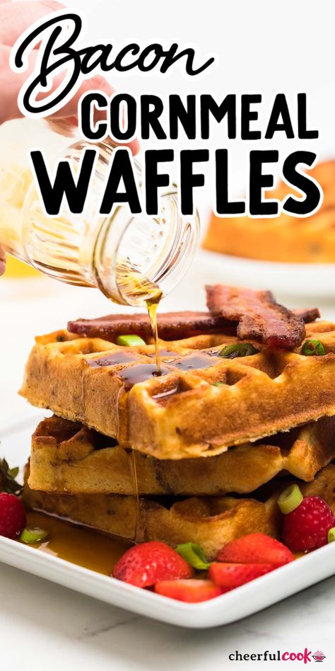 Get ready to have the most delicious breakfast of your life! These gorgeous CORNMEAL WAFFLES are made with cornmeal, bacon, buttermilk, and maple syrup. What more could you ask for in a wholesome, homemade breakfast? #cheerfulcook #breakfast #waffles #cornmealwaffles #recipe Savory Waffle Recipe, Cornmeal Waffles, Cornmeal Recipes, Cornbread Waffles, Bacon Waffles, Savory Waffles, Homemade Waffles, Breakfast Lovers, Breakfast Waffles