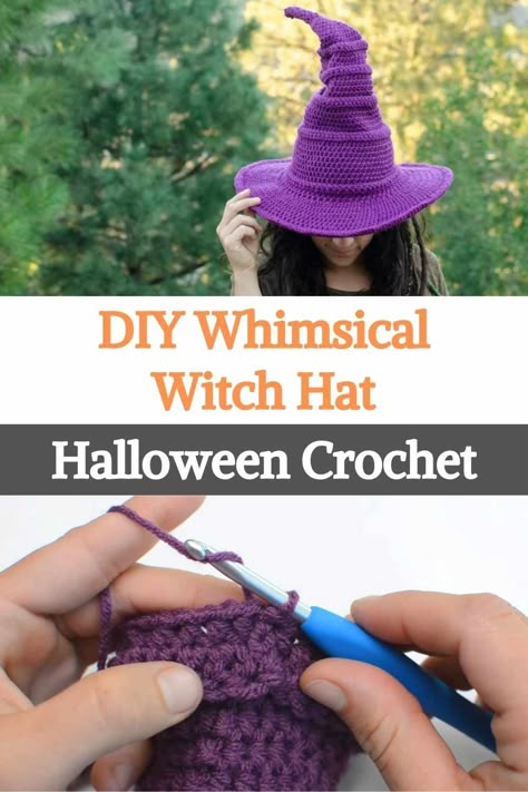 DIY Whimsical Witch Hat - Halloween Crochet Halloween Crochet Witch Hat, Crocheted Witches Hat Pattern, Crochet Witch Accessories, Halloween Hat Crochet Patterns Free, Crochet Whimsical Witch Hat, Wizard Hat Crochet Pattern Free, Crochet Witch Costume, Witch Hat Free Crochet Pattern, Knitted Witch Hat Free Pattern