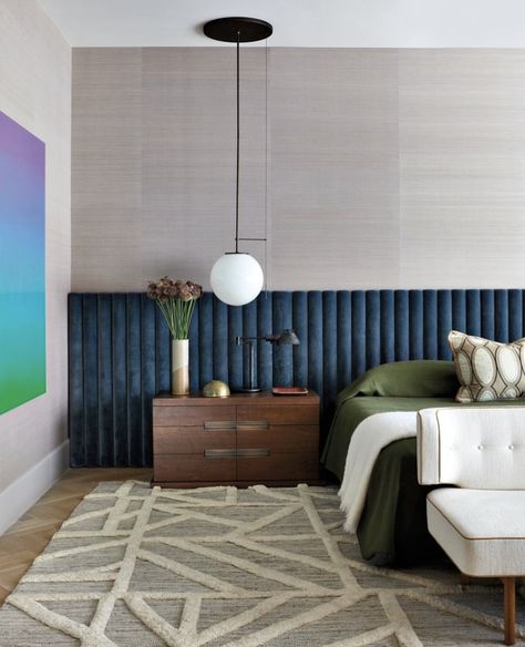 Parisian Chic Apartment, Blue Velvet Headboard, Site Architecture, Greenwich Village Nyc, Luxe Magazine, Blue Headboard, Nyc Interior Design, Upholstered Walls, Velvet Lounge Chair