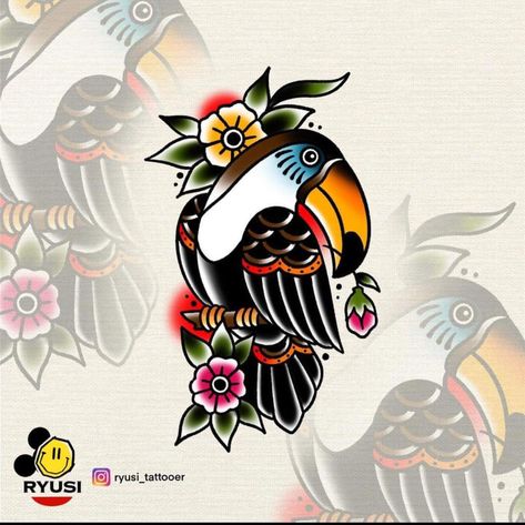 American Traditional Toucan Tattoo, American Traditional Tattoos Bird, Guinness Tattoo, Toucan Tattoo, Abstract Tattoo Ideas, Neo Tattoo, Abstract Tattoos, Traditional Tattoo Designs, Sims 4 Tattoos