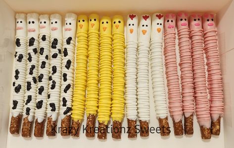 Each order includes 1 dozen individually wrapped chocolate covered pretzels Farm Animal Chocolate Covered Pretzels, Farm Pretzel Rods, Farm Animal Pretzel Rods, Farm Chocolate Covered Strawberries, Pretzel Business, Stick Pretzels, Pretzel Ideas, Treats Business, Wedding Pretzels