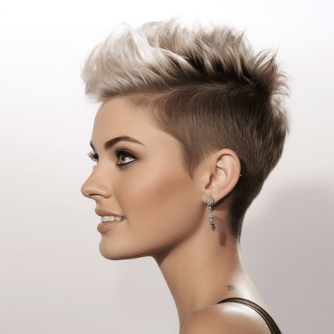 Pixie Cut with a Faux Hawk Pixie Hawk, Faux Hawk Pixie, Short Hair Problems, Pixie Faux Hawk, Faux Hawk Women, Shaved Sides Pixie, Pixie Styling, Pixie With Bangs, Pixie Cut Shaved Sides