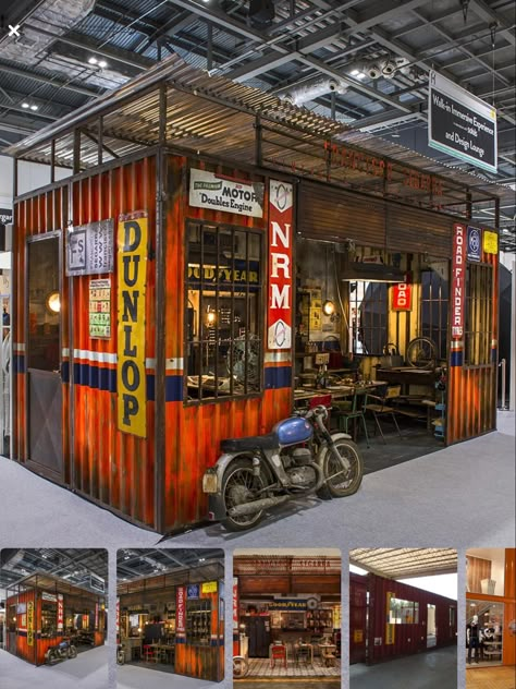 Garage Hacks, Bar Deco, Container Restaurant, Motorcycle Workshop, Container Cafe, Cool Garages, Container Buildings, Container Architecture, Motorcycle Garage