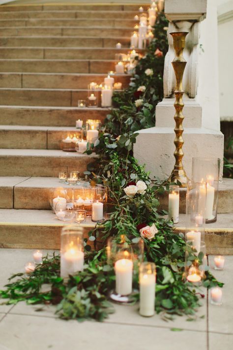 Garland and Candles on Stairs | photography by http://www.damarismia.com Greenery Wedding Decor, Bride Ideas, Rustic Wedding Decorations, Wedding Reception Ideas, Winter Wedding Decorations, Budget Friendly Wedding, Winter Wedding Flowers, Whimsical Wedding, Wedding Aisle