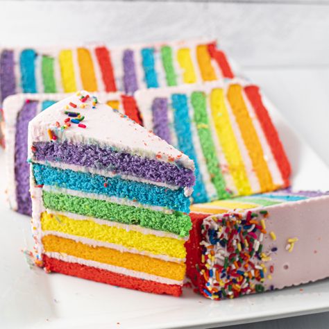 STRAWBERRY RAINBOW CAKE PRE-SLICED - 8 SLICES Rainbow Pastry, Pastries Desserts, Bakery Website, Carlos Bakery, Faux Cake, Cake Slices, Slice Of Cake, Party 2023, Strawberry Buttercream