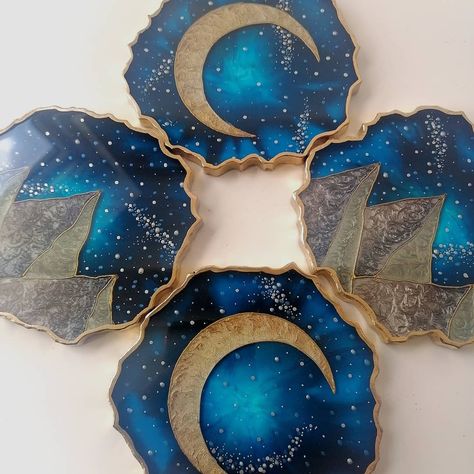 Celestial Home Decor, Celestial Home, Galaxy Room, Moon Resin, Geode Coasters, Blue Night Sky, Black Coasters, Epoxy Resin Diy, Resin Geode