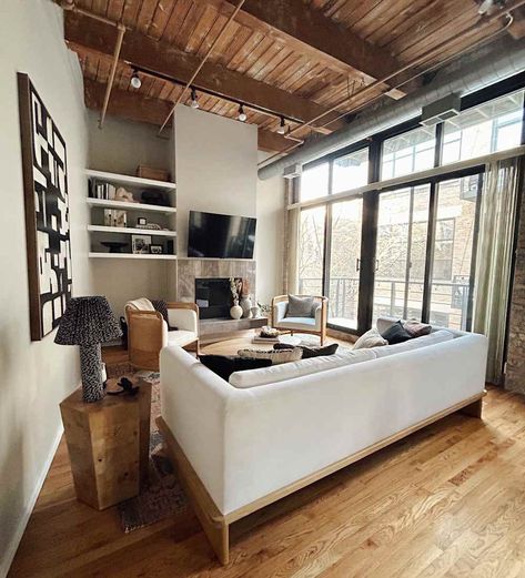 Exposed Wood Ceilings, Loft Ceiling, Chicago Apartment, Wood Accent Table, Gorgeous Houses, Eclectic Modern, Loft Apartment, Types Of Furniture, Commercial Interior Design