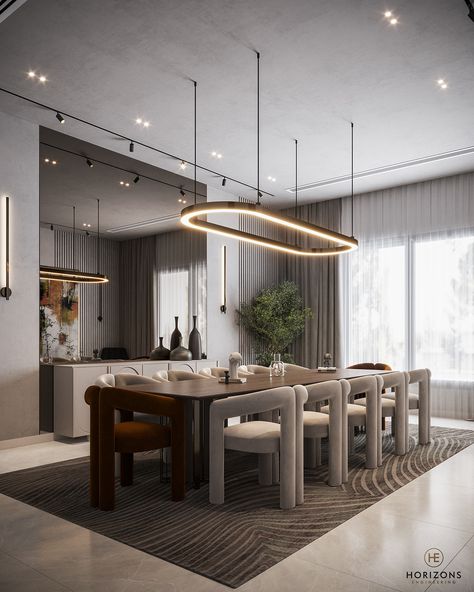 Dining Room on Behance Big Dining Room Ideas Modern, Dining Contemporary Design, Modern Dining Room Design Ideas, Dining Table Hanging Lights, Dinning Room Design Modern Interiors, Big Dining Room Design, Dining Area Design Modern Luxury, Dining Room Design Contemporary, Big Dining Room Ideas