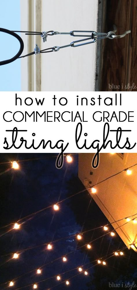 HOW TO HANG PATIO STRING LIGHTS! Commercial grade string lights are ideal for permanent installation in your yard, and can withstand the elements year round. Patio String Lights, Lights Hanging, Restaurant Patio, Backyard Lighting, Outdoor Patio Lights, How To Hang, Patio Lighting, Backyard Projects, Backyard Fun