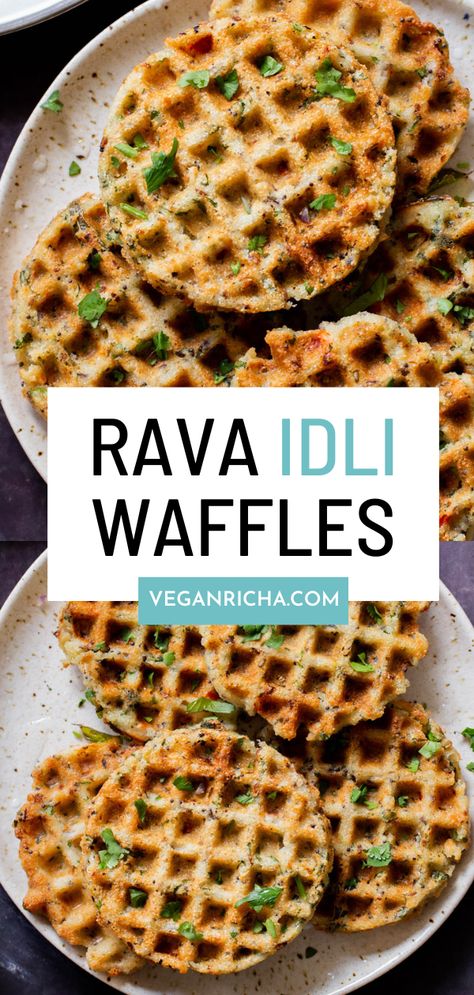 Rava idli waffles is a fun spin on a South Indian savory cake. It has a lovely, delicate texture and is seasoned with whole spices, ginger, chili, and cilantro. It’s an amazing savory breakfast served with chutney, Indian pickles, or sambar. Indian Waffle Recipe, Indian Healthy Breakfast Ideas, Indian Brunch Ideas, South Indian Lunch Recipes, Lunch Treats, Arabic Desert, Instant Snacks, Savory Waffle Recipe, Millet Bread