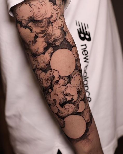 Cloud Arm Tattoo Half Sleeves, Half Sleeve Nature Tattoo For Men, Surreal Tattoo Men, Fine Line Sleeve Men, Asian Clouds Tattoo, Arabic Tattoos Men, Large Tattoos Men, Alt Sleeve Tattoos, Geometric Tattoo Pattern Sleeve