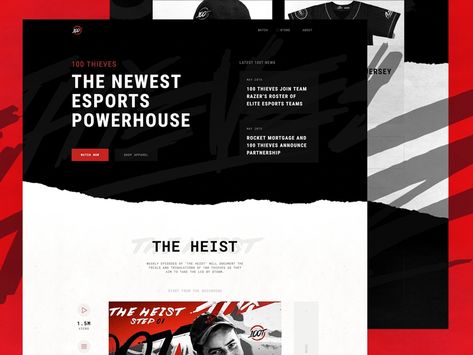 100 Thieves | Website Redesign by Austin Robinson on Dribbble Dark Website, Website Red, Black Website, 100 Thieves, Gamer Names, Black And White Grunge, White Grunge, The Heist, Website Redesign