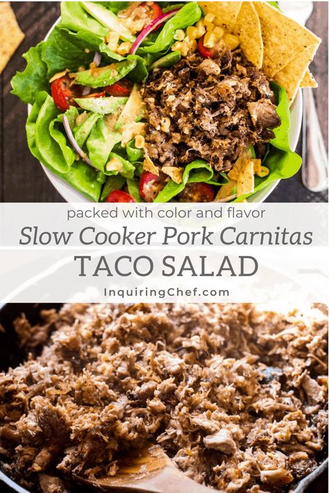 Carnitas Taco Salad is a Monday-friendly solution to a Saturday-worthy taco craving. Pack the salads with any vegetables you like and finish them with crispy slow cooker carnitas pork and crumbled tortilla chips. Slow Cooker Carnitas Pork, Carnitas Salad, Carnitas Pork, Crispy Carnitas, Entree Salads, Summer Potluck Recipes, Easy Potluck Recipes, Pork Carnitas Tacos, Slow Cooker Carnitas