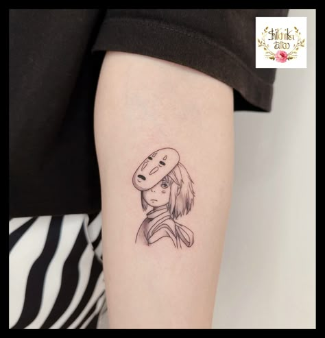 Small No Face Tattoo, Twoface Tattoo, Small Ghibli Tattoo, Arrietty Tattoo, Ghibli Tattoo Minimalist, Tatuaje Studio Ghibli, Ghibli Tattoos, Studio Ghibli Tattoo, Cute Matching Tattoos