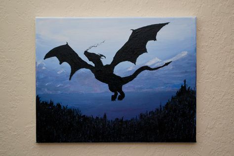 Dragon Painting Acrylic Easy, Silhouette Acrylic Painting, Dragon Painting, Dragon Silhouette, Fairy Silhouette, Silhouette Painting, Painting Canvases, Paintings Art, Silhouette Art