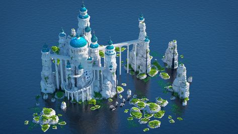 Minecraft Castle On Water, Minecraft Sea Kingdom, Water Kingdom Minecraft, Minecraft Floating Island Castle, Sea Castle Minecraft, Mermaid Castle Minecraft, Minecraft Ocean Monument Ideas, Minecraft Mermaid Skin, Minecraft Aquatic Build